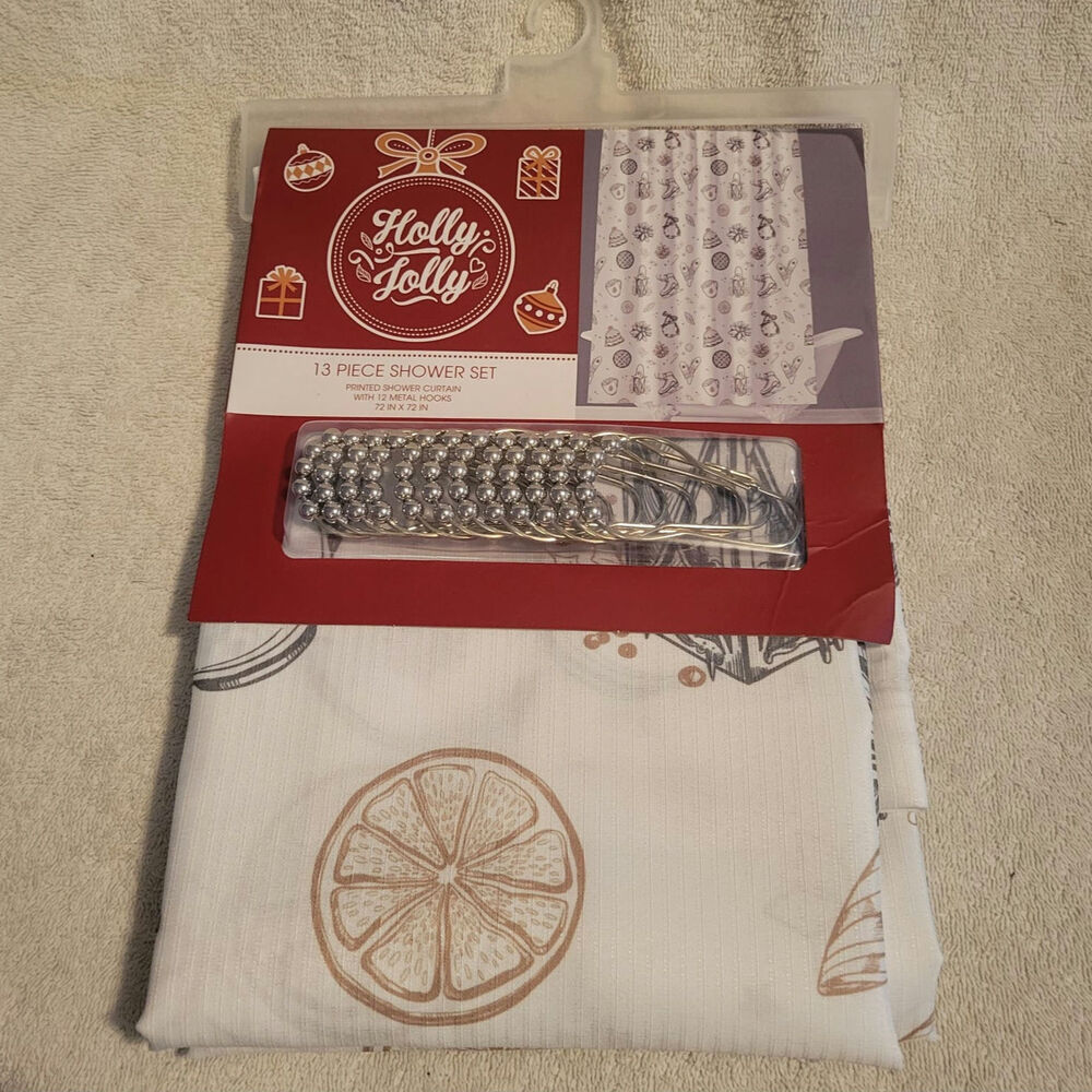 Winter Themed Bathroom Shower Curtain 13 Piece Set NWT 72" x 72" Skates Mittens